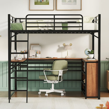 Full Size Loft Bed With 3 Layers Of Shelves And L-Shaped Desk - Black