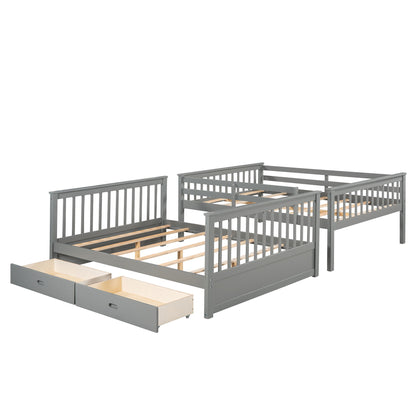 Full Over Full Bunk Bed With Ladders And 2 Storage Drawers - Gray