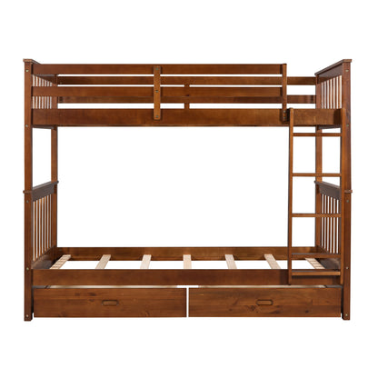 Twin Over Twin Bunk Bed With Ladders And 2 Storage Drawers - Walnut