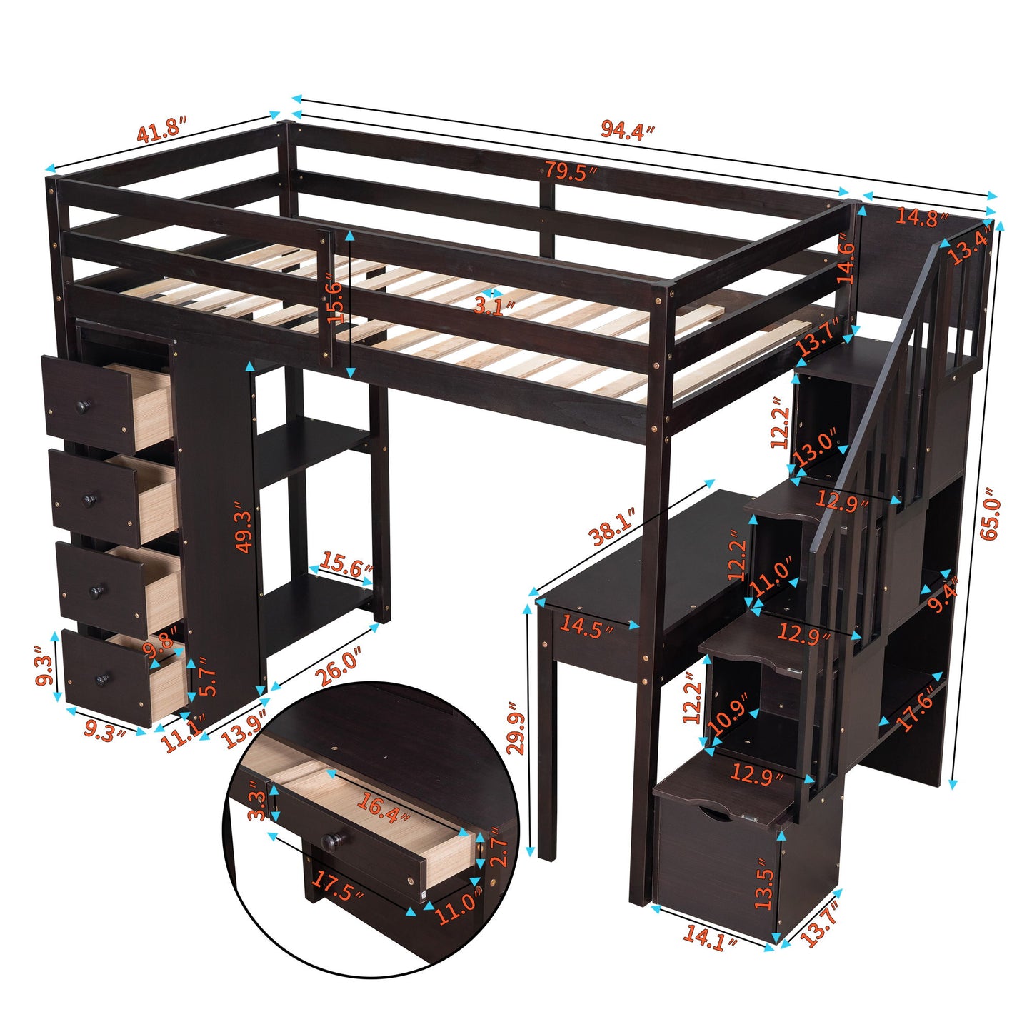 Twin Size Loft Bed With Storage Drawers, Desk And Stairs With Shelves - Espresso