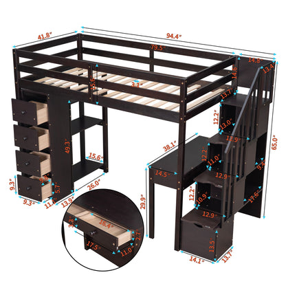 Twin Size Loft Bed With Storage Drawers, Desk And Stairs With Shelves - Espresso