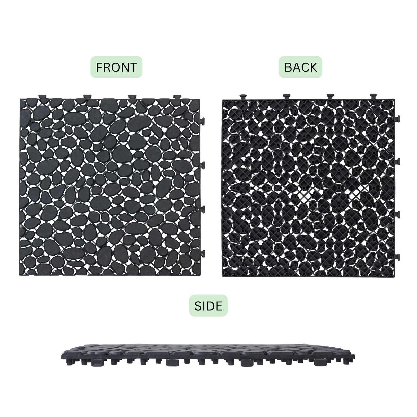 Interlocking Deck Tiles Plastic Waterproof Outdoor All Weather Anti-Slip Bathroom Shower Balcony Porch Strong Weight Capacity Upto 440 Lbs, Pebble Stone Pattern Pack Of 12 - Black