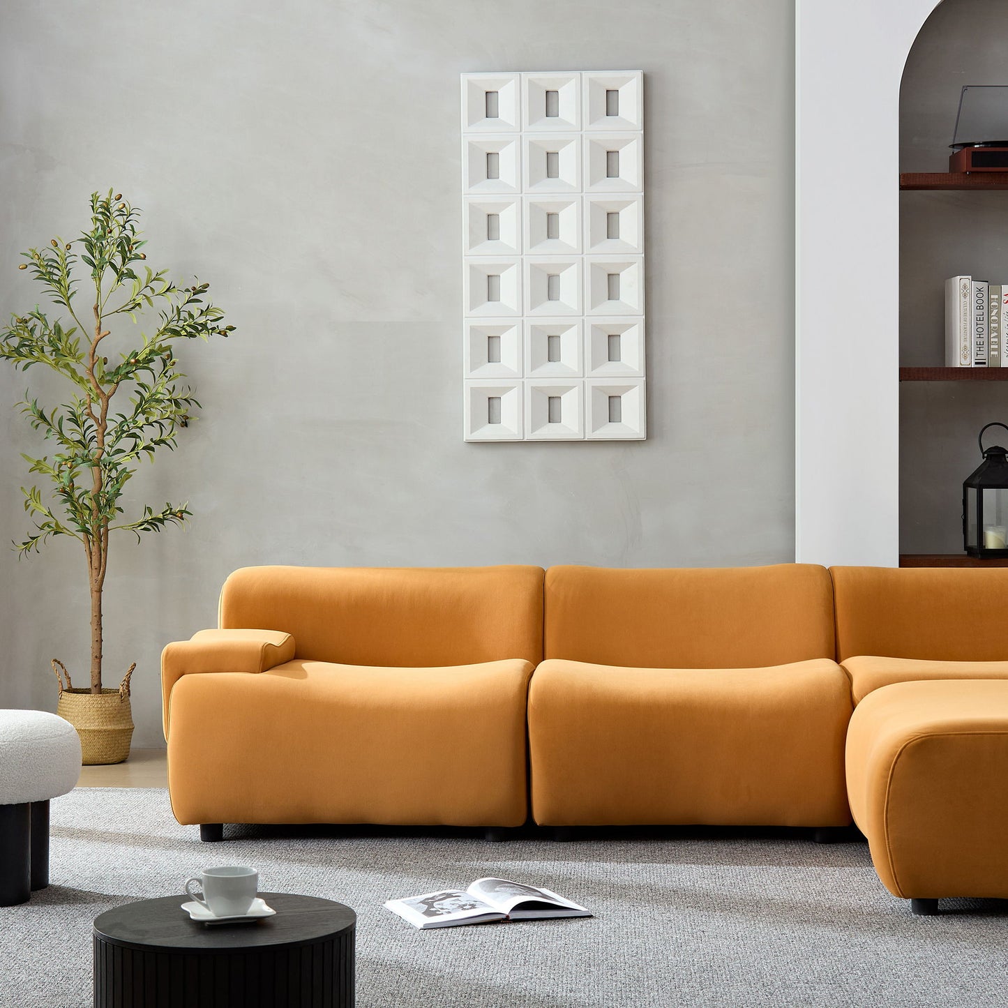 Sectional Sofa With Durable Fabric And High Density Sponge, Solid Wood Frame, 4 Seats - Orange