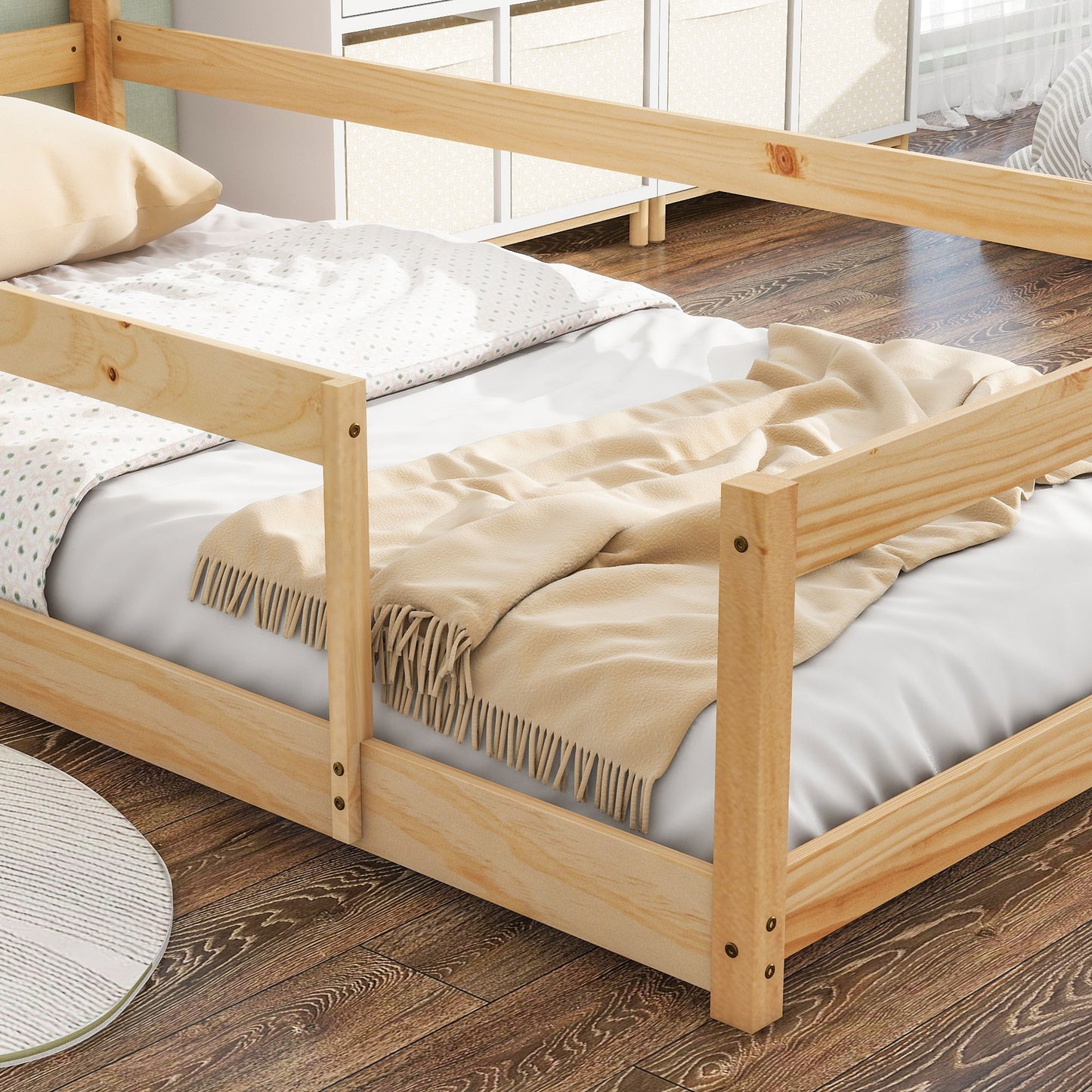 Twin Size Wood Bed With House Shaped Headboard Floor Bed With Fences - Natural