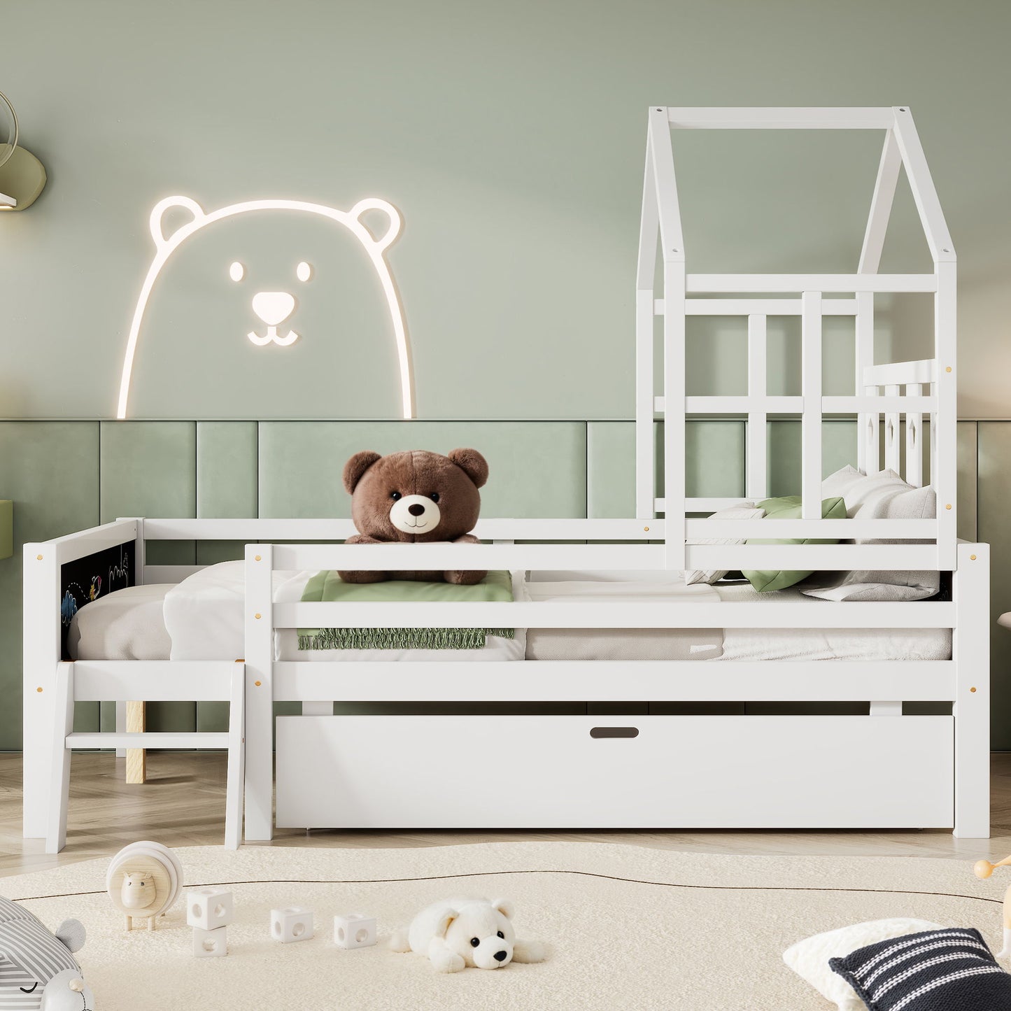 Full Size House Bed With Ladder And Storage Drawers Platform With Blackboard, No Box Spring - White