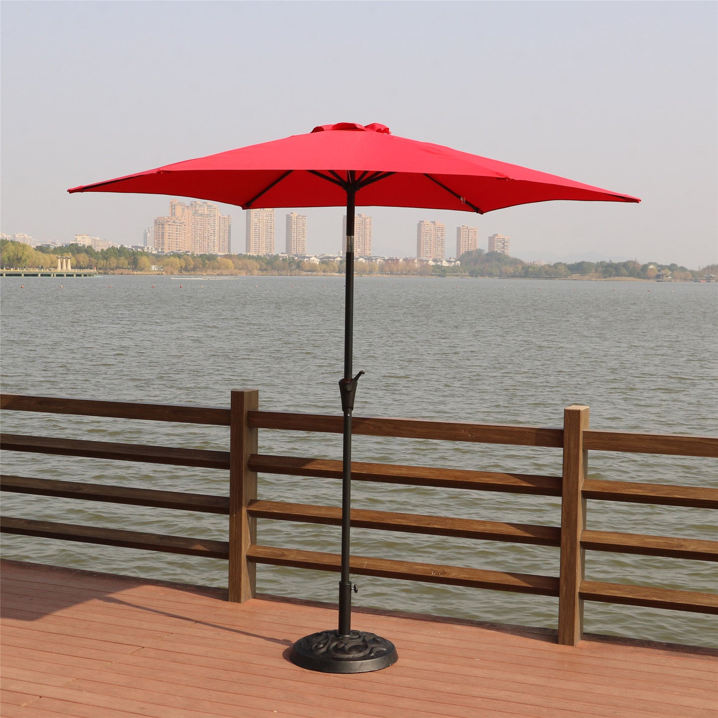 8.8' Outdoor Aluminum Patio Umbrella, Patio Umbrella, Market Umbrella With 33 Pounds Round Resin Umbrella Base, Push Button Tilt And Crank Lift - Red