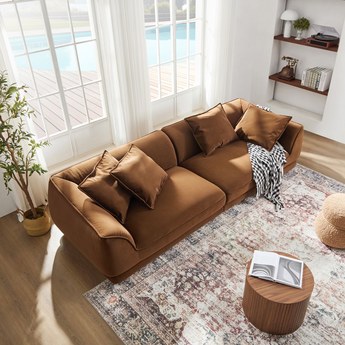 Nordic Modern Sofa With Detachable Pillowcase, French Velvet Fabric, Solid Wood Frame, High Density Sponge Filling - Camel