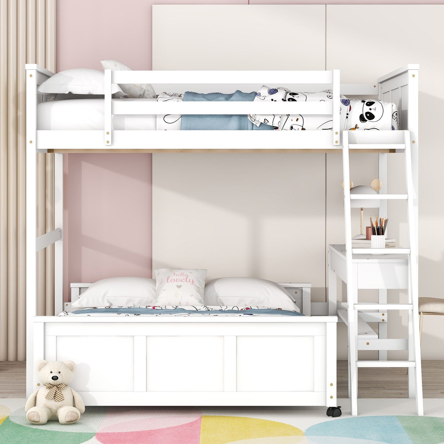 Full Over Full Bunk Bed With Desk - White
