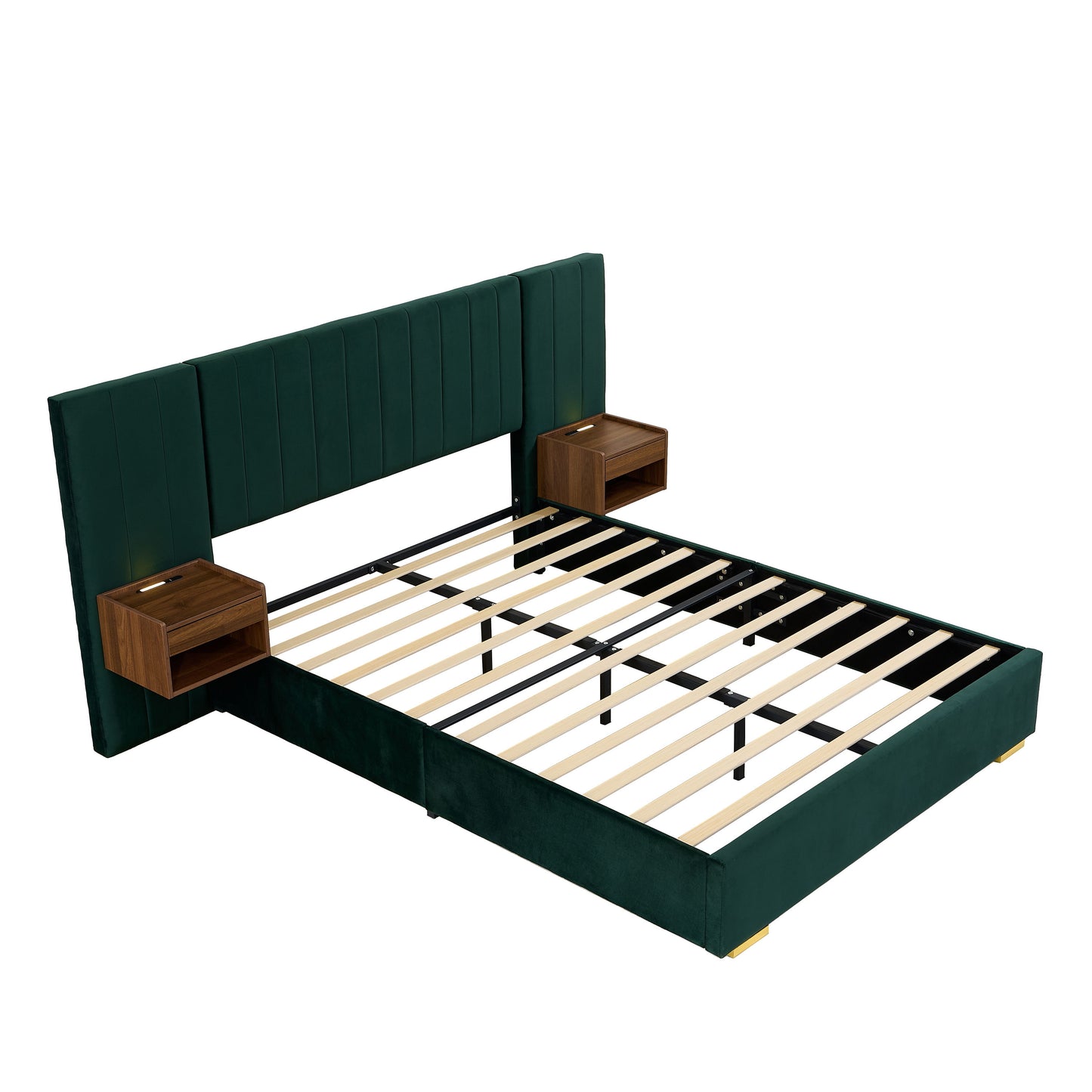 Upholstered Queen Size Bed Frame Of Velvet Tufted Headboard With Floating Nightstand LED / USB Built - Green