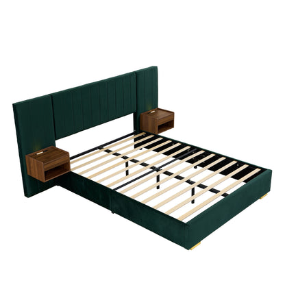 Upholstered Queen Size Bed Frame Of Velvet Tufted Headboard With Floating Nightstand LED / USB Built - Green