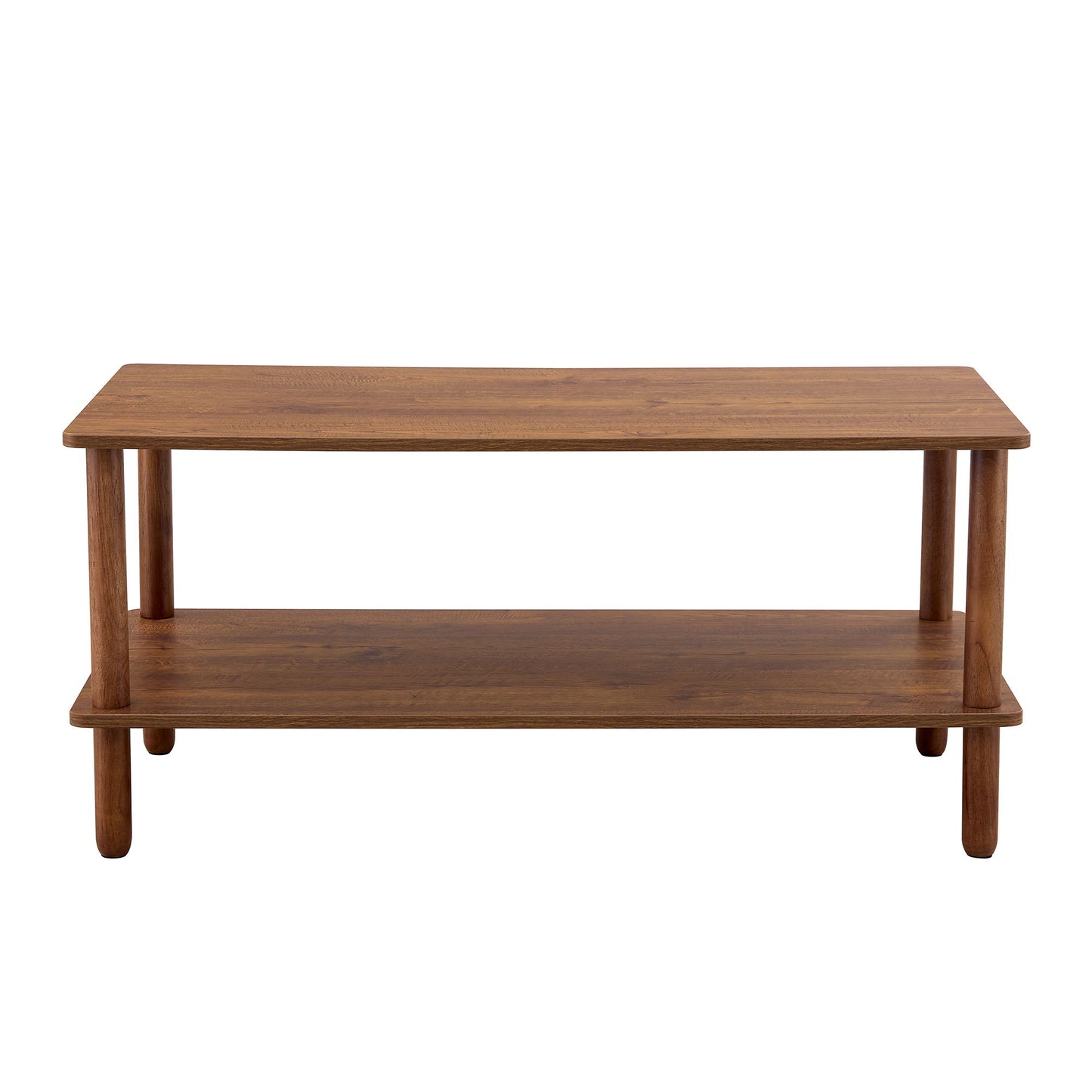Modern 2 Tier Coffee Table For Living Room Furniture, Rectangular Center Table With Open Storage Shelf, Rounded Rubberwood Legs - Walnut Brown