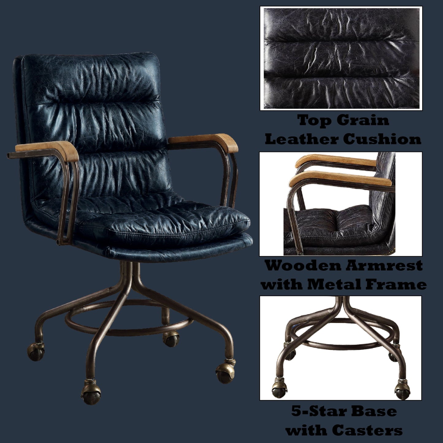 Harith II - Top Grain Leather Office Chair - Vintage Blue