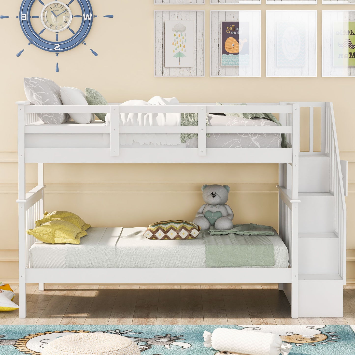 Twin Over Twin Stairway Bunk Bed With Storage And Guard Rail For Bedroom - White