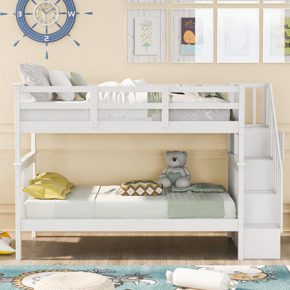 Twin Over Twin Stairway Bunk Bed With Storage And Guard Rail For Bedroom - White
