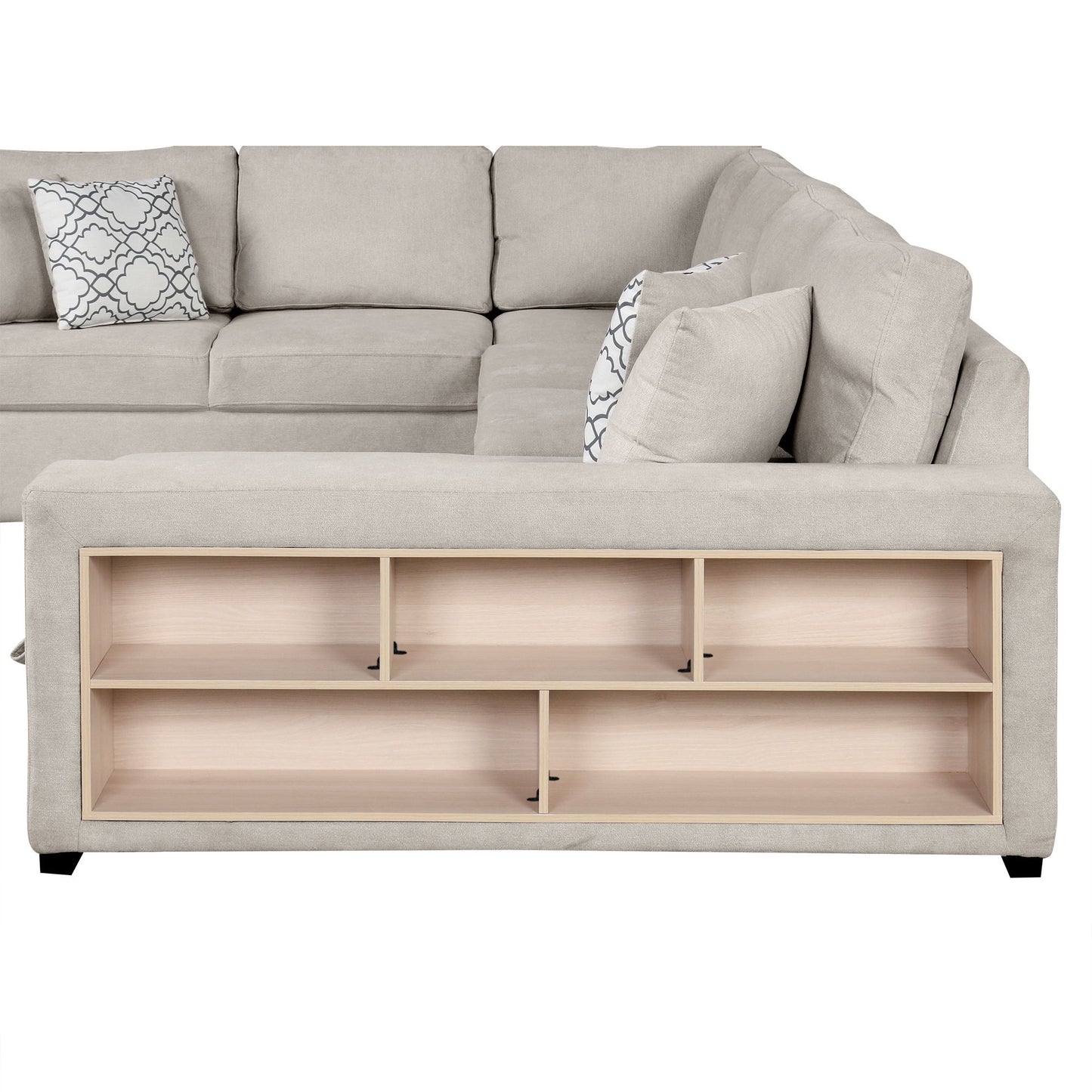 U-Shaped Sectional Sofa Pull-Out Sofa Bed With Two USB Ports, A Storage Chaise Lounge And Four Back Pillows For Living Room - Beige