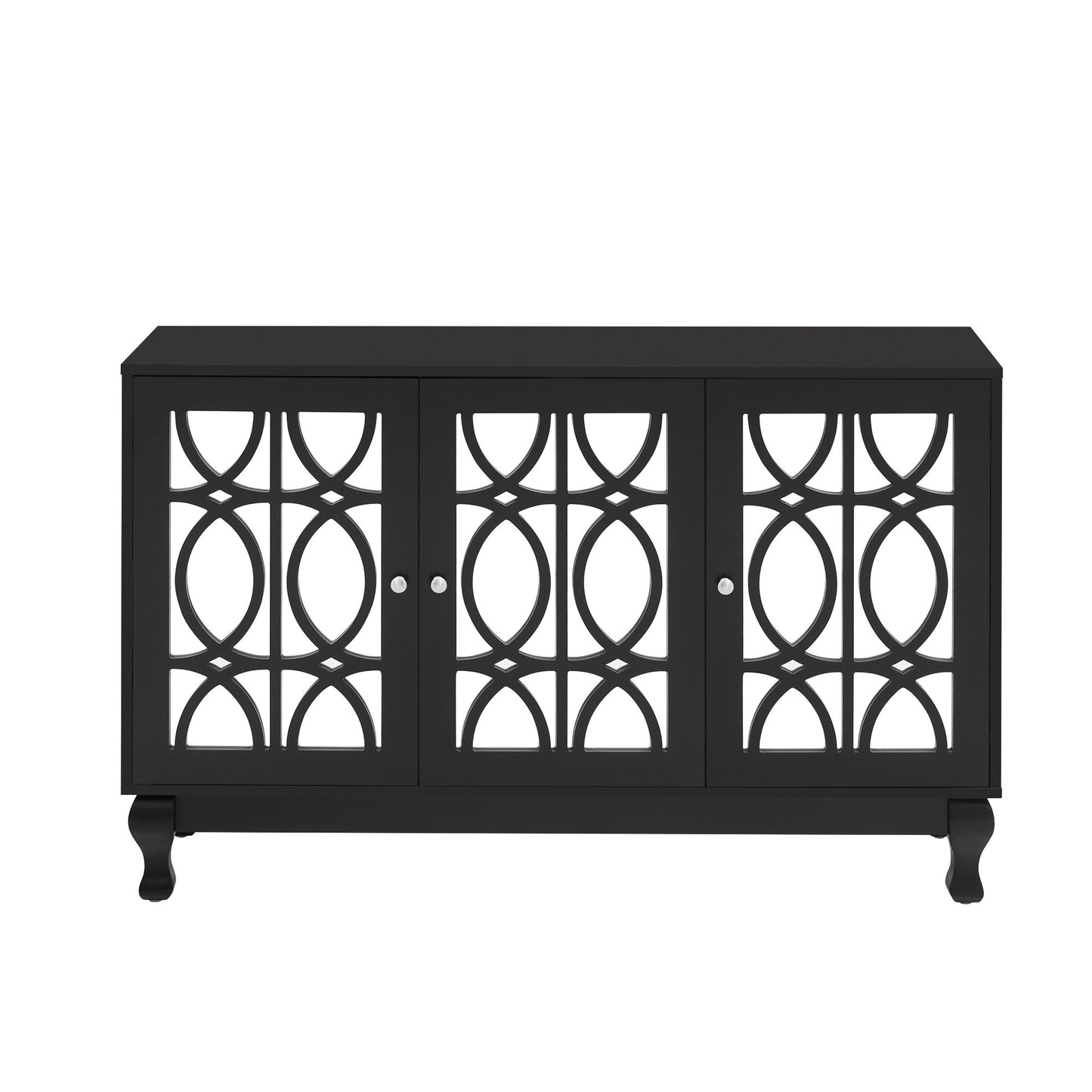 Modern Mirrored TV Stand For TV Up To 55", Entertainment Center Solid Wood Legs, Metal Handle And 3 Adjustable Shelves For Living Room - Black