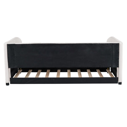 Twin Size Upholstered Daybed With Ergonomic Design Backrest And Trundle - Beige