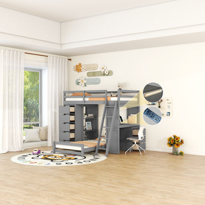 Twin Over Twin Bunk Bed With LED Light And USB Ports - Gray