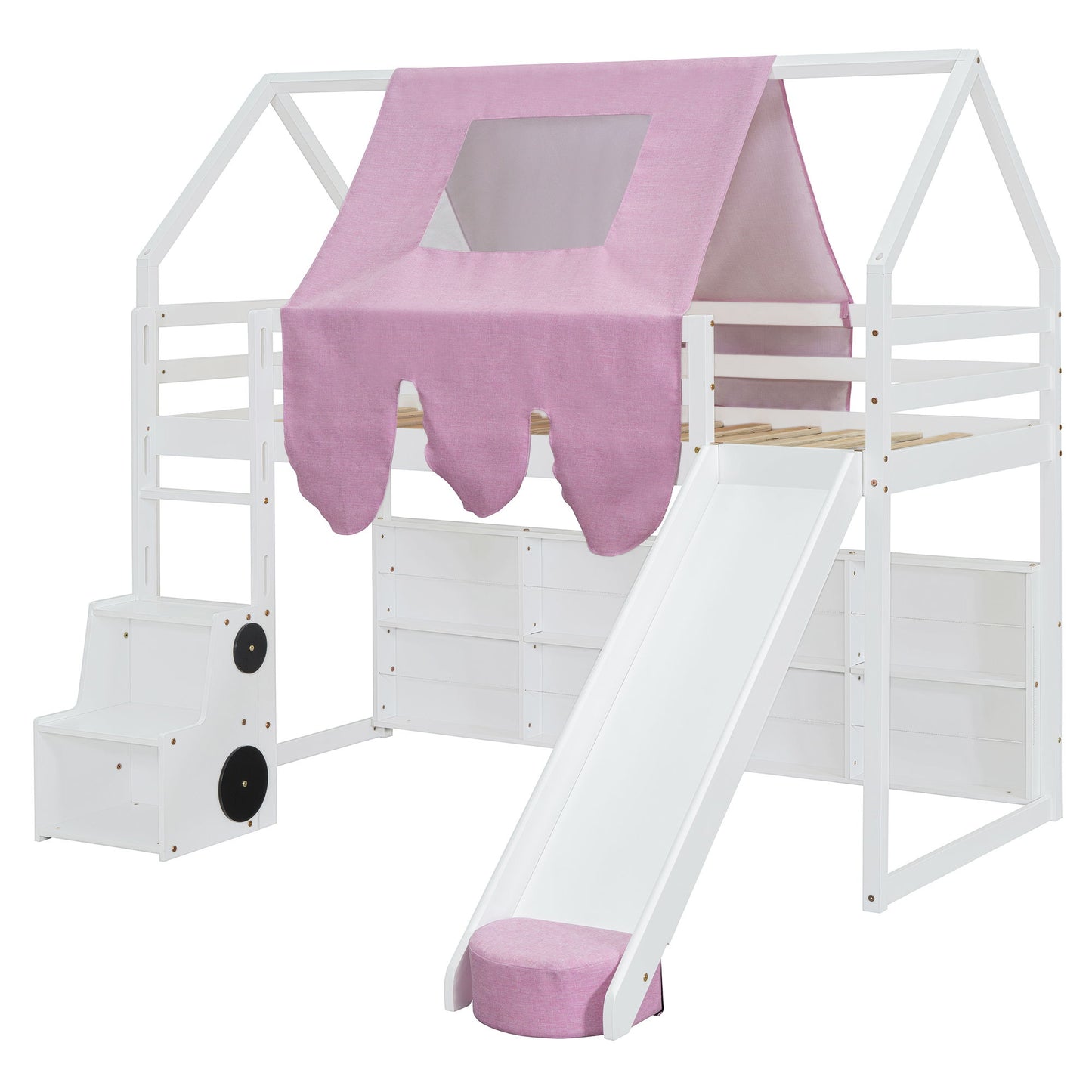 Twin Size Charming House Shaped Loft Bed With Tent And Slide - White / Pink