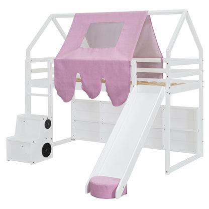 Twin Size Charming House Shaped Loft Bed With Tent And Slide - White / Pink