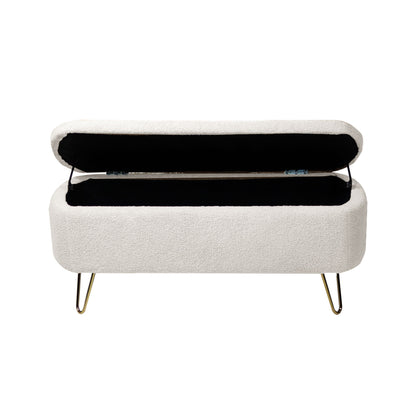 Storage Ottoman Bench For End Of Bed Gold Legs, Modern Ivory White Faux Fur Entryway Bench Upholstered Padded With Storage For Living Room Bedroom - Ivory