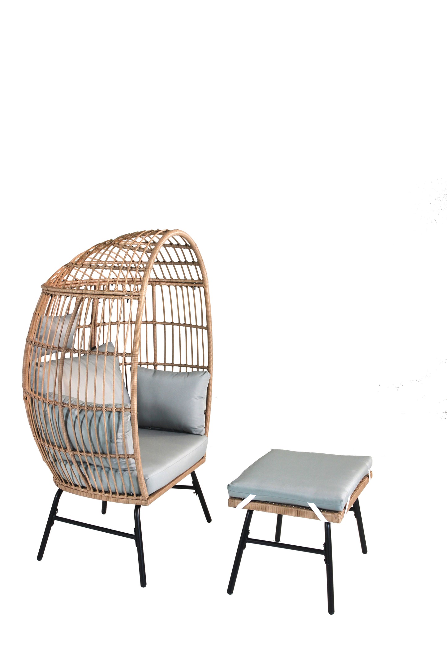 Outdoor Garden Wicker Egg Chair And Footstool Patio Chaise, With Cushions, Outdoor Indoor Basket Chair - Blue / Neutral
