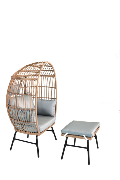Outdoor Garden Wicker Egg Chair And Footstool Patio Chaise, With Cushions, Outdoor Indoor Basket Chair - Blue / Neutral