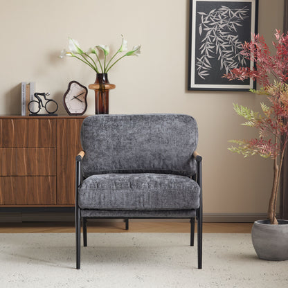 Modern Accent Chair With Plush Cushions, Minimalist Metal Frame, Wooden Armrest - Gray