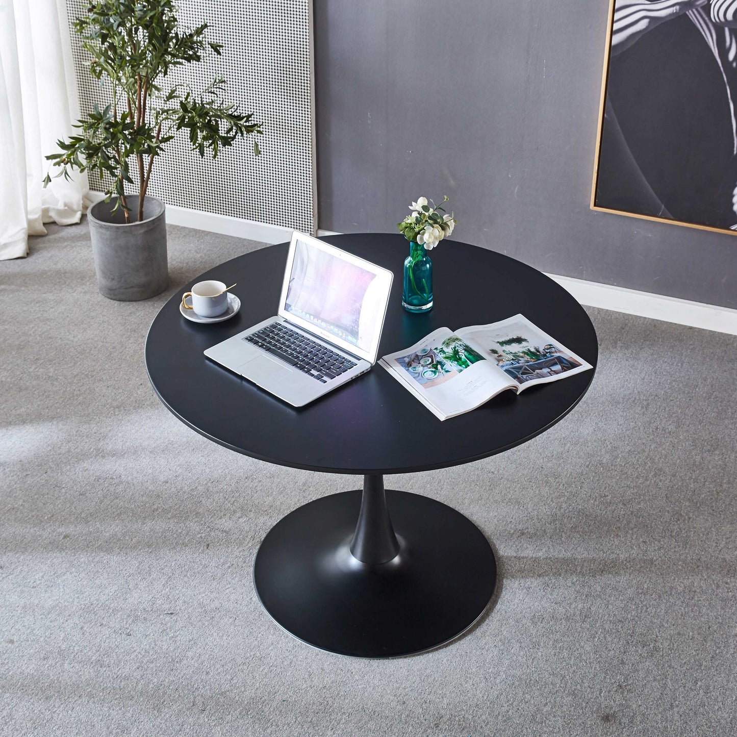 Tulip Table Mid-Century Dining Table For 4-6 People With Round MDF Table Top, Pedestal Dining Table, End Table Leisure Coffee Table - Black