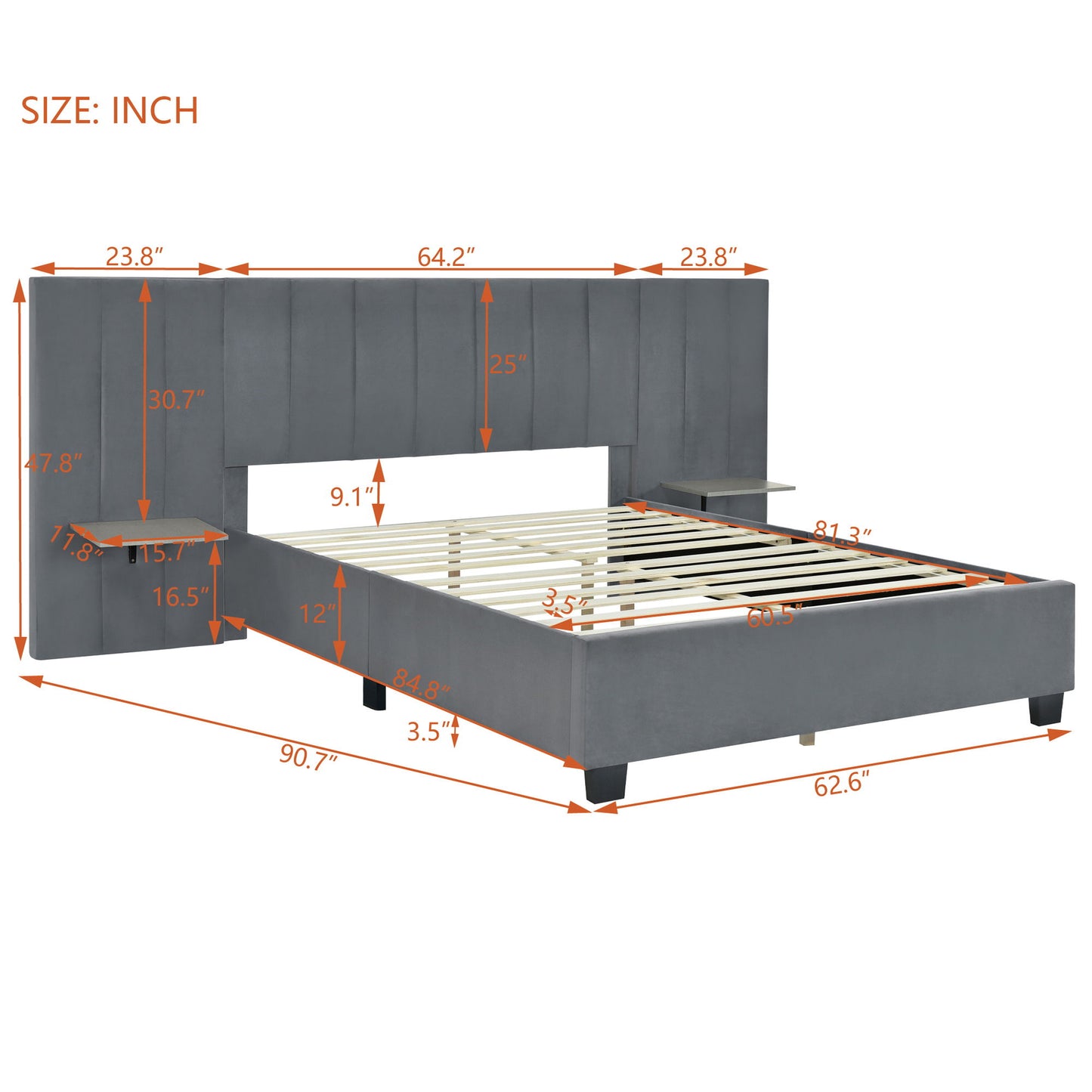 Queen Size Upholstered Platform Bed With Big Headboard - Gray