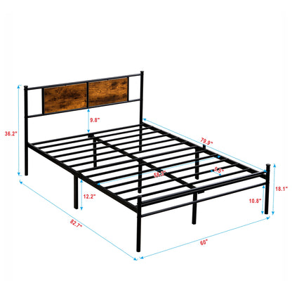 Queen Size Modern Metal Bedframe With Headboard, Durable Steel Structure - Black / Brown