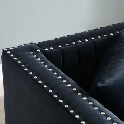 Contemporary Vertical Channel Tufted Sofa Loveseat Modern Upholstered Couch For Living Room With 2 Pillows - Black
