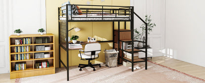 Full Size Loft Bed With Desk And Grid, Stylish Frame With Lateral Storage Ladder And Wardrobe - Black
