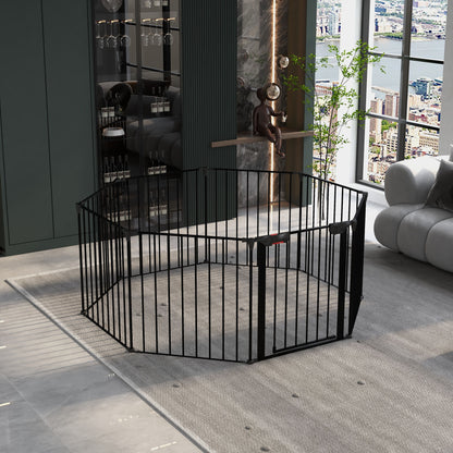 Adjustable Safety Gate 8 Panels Play Yard Metal Doorways Fireplace Fence Christmas Tree Fence Gate For House Stairs Gate Prohibited Area Fence - Black
