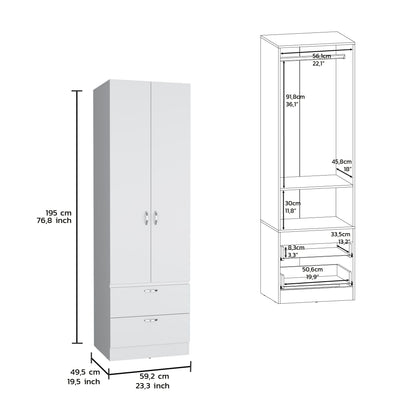 Armoire Wardrove, Hanging Rod, 2 Drawers, 1 Shelf - White