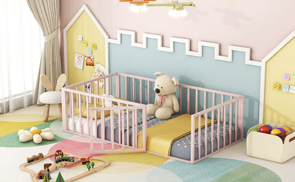 Twin Size Floor Bed Frame With Fence And Door - Pink