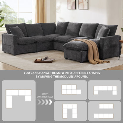 Modern U-Shape Modular Sofa, 7 Seat Chenille Sectional Couch Set With 2 Pillows Included, Freely Combinable Indoor Funiture - Black / Gray