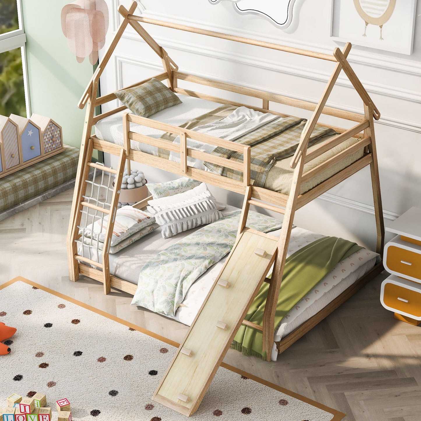 Twin Over Queen House Bunk Bed With Climbing Nets And Climbing Ramp - Natural
