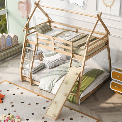 Twin Over Queen House Bunk Bed With Climbing Nets And Climbing Ramp - Natural