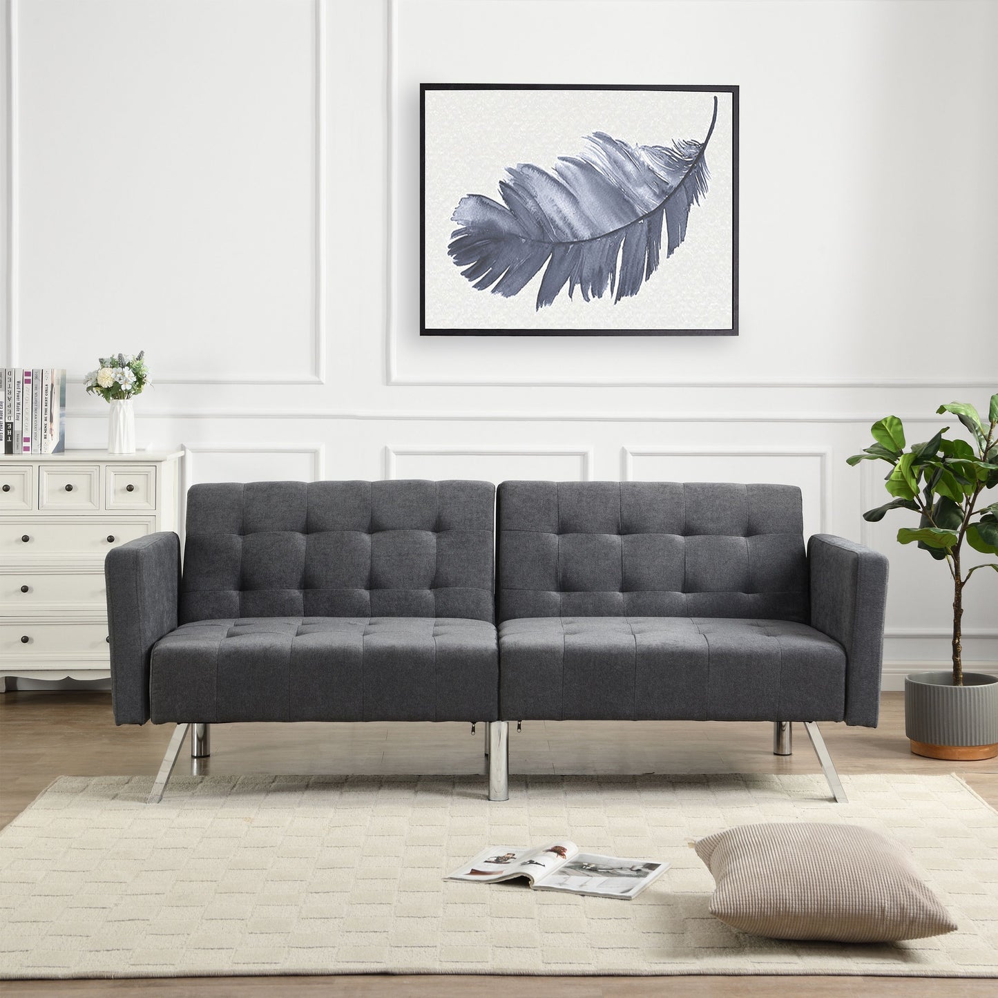 Futon Sofa Bed Convertible Folding Lounge Couch, Armrests - Dark Gray