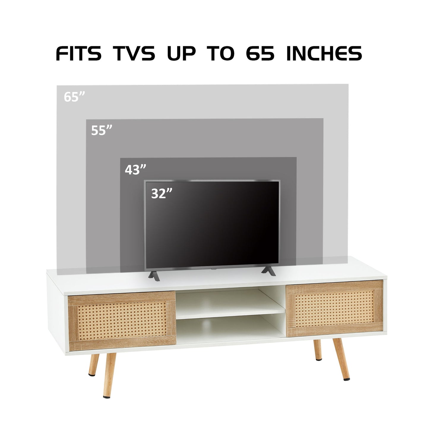 55.12" Rattan TV Cabinet, Double Sliding Doors For Storage, Adjustable Shelf, Solid Wood Legs, TV Console For Living Room - White