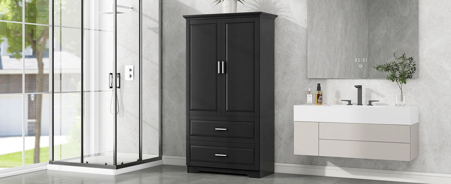 Tall Bathroom Storage Cabinet, Cabinet With 2 Doors And Drawers, Adjustable Shelf - Black