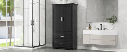 Tall Bathroom Storage Cabinet, Cabinet With 2 Doors And Drawers, Adjustable Shelf - Black
