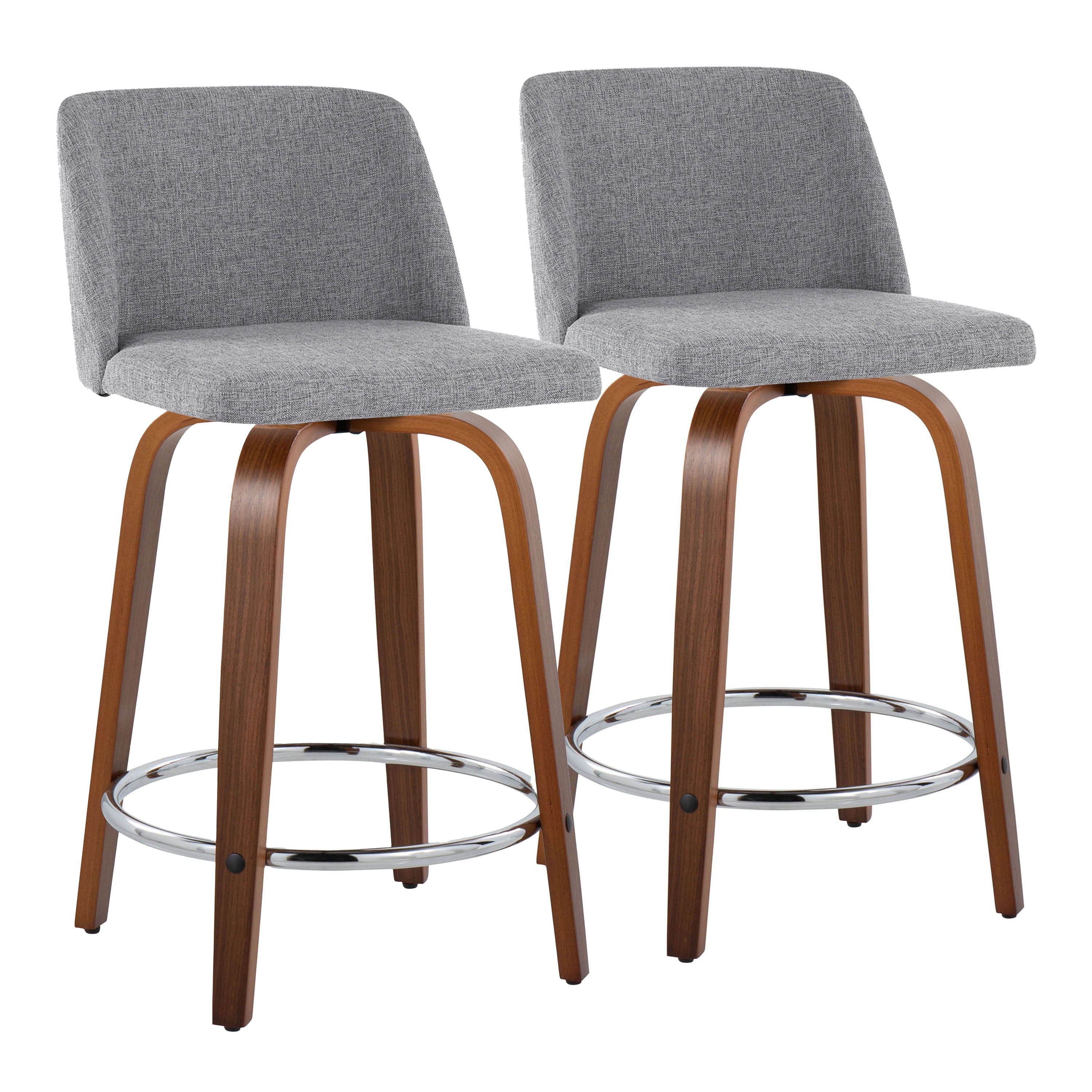 Toriano - Mid-Century Modern Fixed Height Counter Stool & Swivel And Round Footrest (Set of 2) - Walnut / Gray