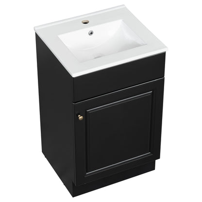 20" Bathroom Vanity With Sink, Freestanding Cabinet With Door Shelf And Adjustable Shelf, And Ceramic Construction - Black