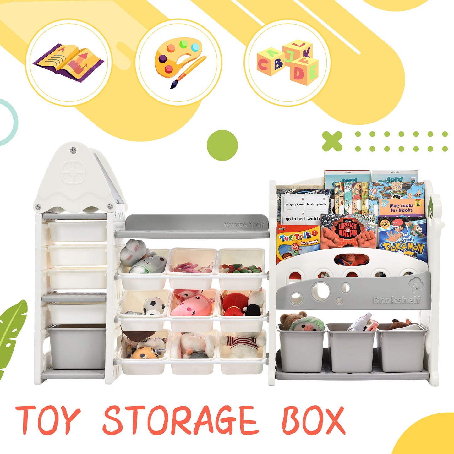 Kids Bookshelf Toy Storage Organizer With 17 Bins And 5 Bookshelves, Multi-Functional Nursery Organizer Kids Furniture Set Toy Storage Cabinet Unit With HDPE SheLF And Bins - Gray