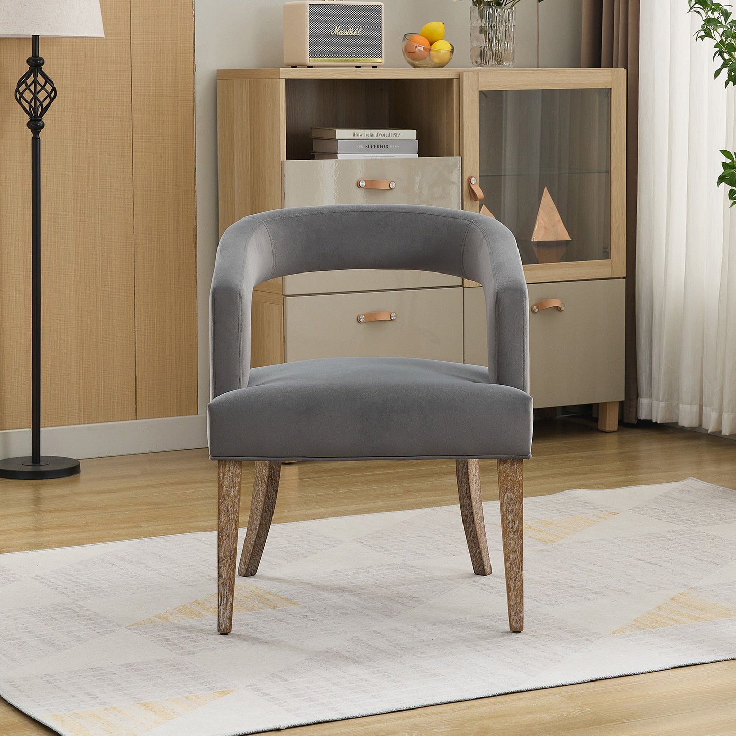 Wide Modern Barrel Open Back Upholstered Accent Chair With Weathered Solid Wood Legs Dining Chairs For Dining Room, Club, Kitchen - Gray