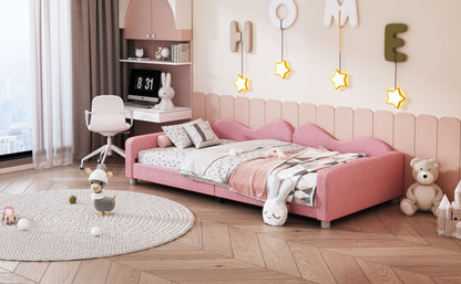 Twin Size Upholstered Daybed, Sherpa Fabric Sofabed With Cloud-Shaped Backrest, No Box - Spring Needed - Pink