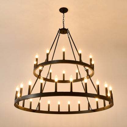 2 Tiers Wagon Wheel Chandelier Wooden Farmhouse 36 Light (24 / 12) Or (12 / 24) Metal Chandeliers 2 Story Light Fixtures Industrial For High Ceiling Living Dining Room Foyer, Adjustable Height - Black