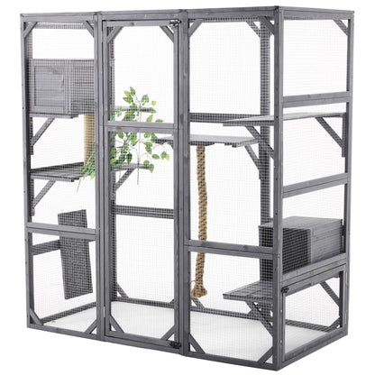 Outdoor Diy Cat House Catio With Double Enter Doors, Platforms, And Condos - Dark Gray